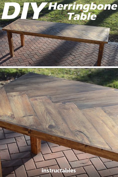 Diy Wooden Dinner Table, Homemade Wood Table, Wood Dinningroom Table, Herringbone Dining Table Diy, Dinner Table Diy Wooden, Unique Kitchen Table, Wooden Table Top Ideas, Diy Dinner Table Wood, Herringbone Wood Table