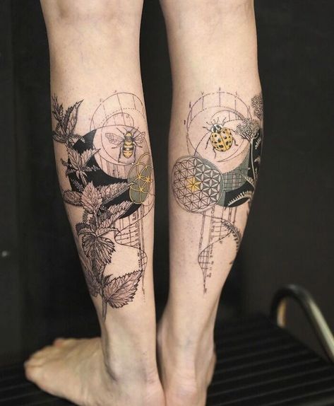 Nettle And Bee For The Left Calf, Yarrow And Ladybug For The Right Botanical Calf Tattoo, Calf Tattoo Ideas Female, Nettle Tattoo, Tattoos Calf, Back Of Calf Tattoo, Calf Drawing, Coverup Ideas, Tattoo Calf, Calf Tattoos For Women