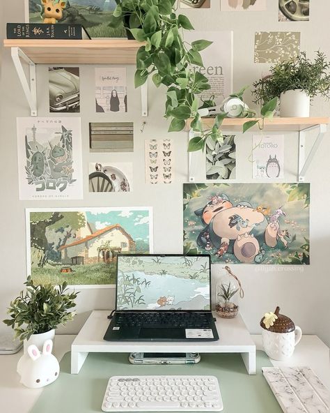 Desk With Laptop Aesthetic, Cute Simple Desk Setup, White And Green Gamer Setup, White Green Gaming Setup, Laptop With Keyboard Setup, White Green Pc Setup, Desk Laptop Aesthetic, Cozy Green Desk Setup, White And Green Desk Aesthetic