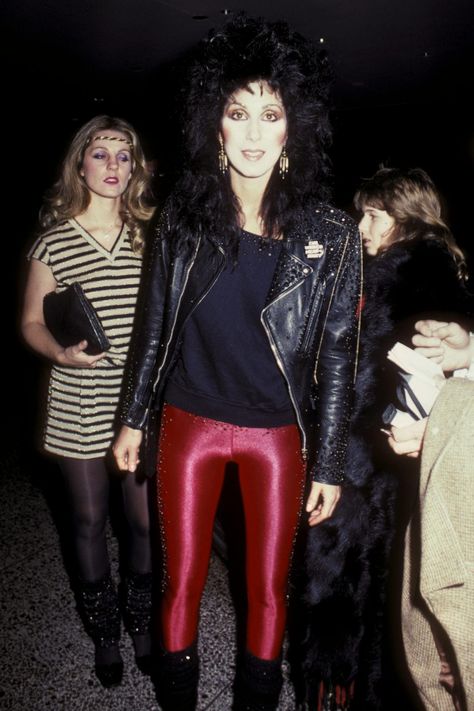 Leather/pleather jackets, shiny, brightly coloured leggings/tights, big hair, lots of blush 80s Cher, Fashion 80s Women, Cher 80s, Cher Looks, 1980s Outfits, Black Leather Outfit, Cher Outfits, 1980s Fashion Trends, 80s Fashion Trends