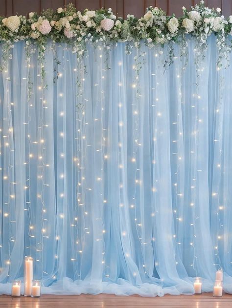 1set 300*215cm Blue Color Curtain And Light String Set, Gauze Banners Perfect Decoration Of Birthday Wedding Christmas 2025 New Year Party Room Background Wall, Including 2pcs Of 150*215cm Gauze, 1pc 300cm Warm Light String 300 LED, USB Powered Curtain Fairy Lights, Remote Control 8 Lighting Modes, And 10pcs Of Curtain Clips,Christmas Blue    Polyester     Event & Party Supplies, size features are:Bust: ,Length: ,Sleeve Length: Curtain With Lights, Sheer Backdrop, Tulle Backdrop, Backdrop Curtains, White Christmas Lights, Outdoor Christmas Tree, Curtain String Lights, Color Celeste, Icicle Lights