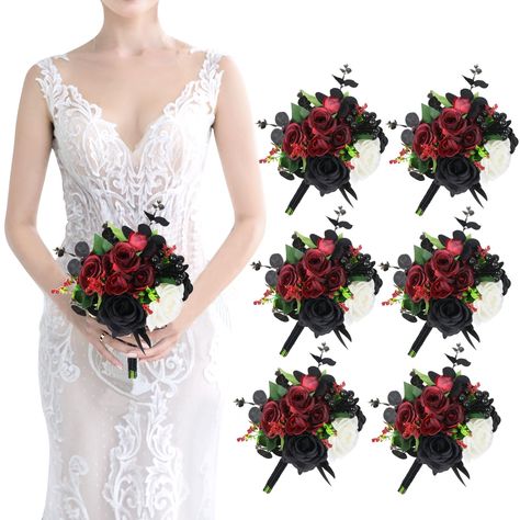 PRICES MAY VARY. WEDDING BRIDESMAID BOUQUETS - Handmade black roses bouquets are exquisite workmanship and very realistic, perfect for Halloween decor, wedding bridesmaids bouquets, black & red flower toss or wedding photography props and are a great addition to bridal arrangements. BRIDESMAID BOUQUET INCLUDES - Bridesmaids bouquets includes 6 bunches consisting of different shades of black roses, red roses, peonies, dahlias, and willow leaves, The combination of burnt orange, ivory, and green i Black Wedding Flowers Bouquet, Wedding Bridesmaids Bouquets, Bouquets Handmade, Gothic Bridesmaids, Burgundy Bridesmaids, Black Rose Bouquet, Decoration Marriage, Bouquets For Wedding, Black Wedding Flowers