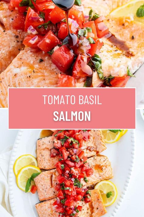 This Tomato Basil Salmon is a delicious oven roasted salmon topped with a simple tomato basil relish. It has such a fresh flavor, with a vibrant presentation, yet takes less than 30 minutes to make. This makes it a great option for a weeknight dinner, or when you need to impress. Basil Salmon Recipes, Salmon Tomato Recipe, Tomato Basil Salmon, Tilapia Seasoning, Basil Salmon, Fish Meals, Oven Roasted Salmon, Tomato Dishes, Pesto Salmon