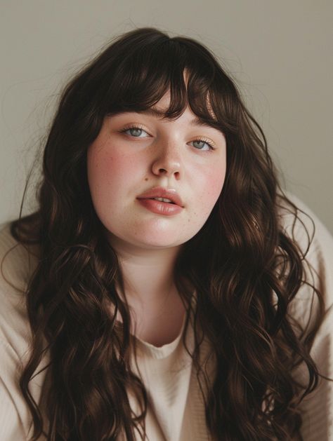 23 Flattering Bangs for Chubby Faces: Best Long Hair Styles Explained Hair Styles For People With Round Faces, Betty Bangs Round Face, Hair For Wide Face, Bangs On Chubby Face, Chubby Face Reference, Round Face Reference, Plus Size Bangs Hair, Haircuts For Round Faces Medium Length, Microbangs Round Face