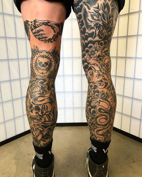 Scott Moss on Instagram: “2019 is all wrapped up! Thank you to everyone that has been tattooed, popped in for a chat and supported @vintiquetattooparlour  I am very…” American Trad Leg Sleeve, Arm And Leg Sleeve Tattoo, Leg Sleeve American Traditional, Filled In Patchwork Sleeve Tattoo, Traditional Leg Sleeve Tattoo Men, Leg Sleeve Fillers, Traditional Sleeve Tattoo Men, Leg Filler Tattoos, Neo Traditional Leg Tattoo