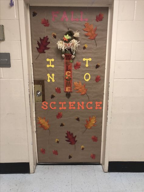 2017 Fall Classroom Door! Fall Science Classroom Door, Science Classroom Door, Science Door Decorations, Fall Classroom Door, Fall Science, Middle School Science Classroom, Holiday Math, Fall Classroom, 7th Grade Science