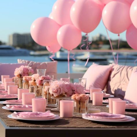 Take your Barbie-themed party to a yacht and cruise down the bay area in fabulous style. Set up customary white dinner plates in each place, topping them with pink satin dinner napkins. Keep your guests hydrated by adding rose gold tumbler cups. Style your centerpiece with lovely pink rose flowers in clear glass vases. Lastly, tie some pink balloons to a corner to complete the festive look. Yacht Decor, Rose Gold Tumbler, Event Decor Ideas, Party Decorations Table, Gold Tumbler, Party Setup, White Dinner, Yacht Party, Fabulous Style