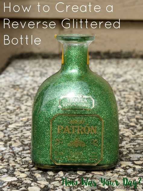 How to create a reverse glittered bottle. This has a more subtle glitter effect, but it doesn't shed, at all. Makes a pretty and elegant home decor piece Glitter Bottle Diy, Patron Bottle Crafts, Liquor Bottle Lights, Glitter Crafts Diy, Alcohol Bottle Crafts, Glitter Wine Bottles, Patron Bottle, Copper Bottle, How To Make Glitter