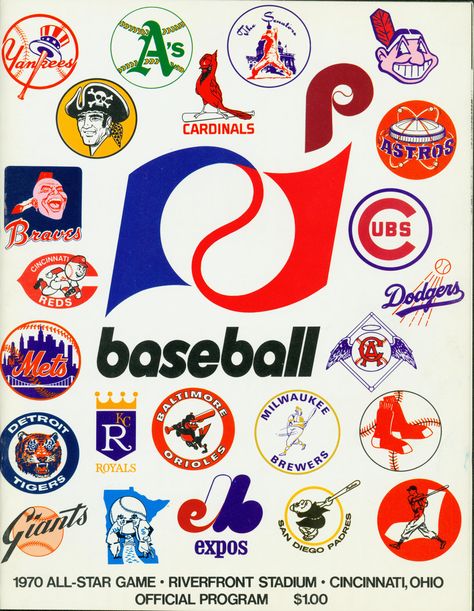 The official program from the 1970 MLB All-Star Game at Riverfront Stadium in Cincinnati, Ohio. BL-3923-74 (National Baseball Hall of Fame Library) Logo All Star, Baseball Teams Logo, Baseball Logo, Baseball Signs, Mets Baseball, Baseball Teams, Baseball Vintage, Retro Baseball, Mlb Logos