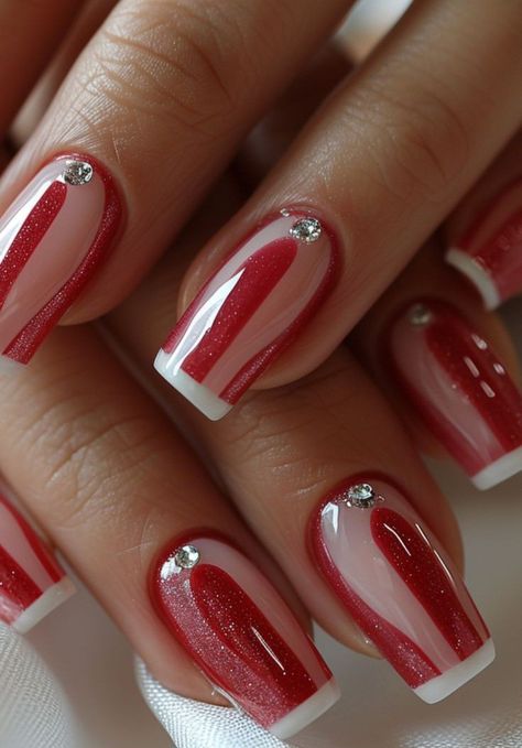 Red French Manicure Designs, Red Tips Nails, Red And White Nail Art, Red French Tip Nails, Nail Shapes Square, Red And White Nails, Red Nail Art Designs, Red Gel Nails, Unghie Sfumate