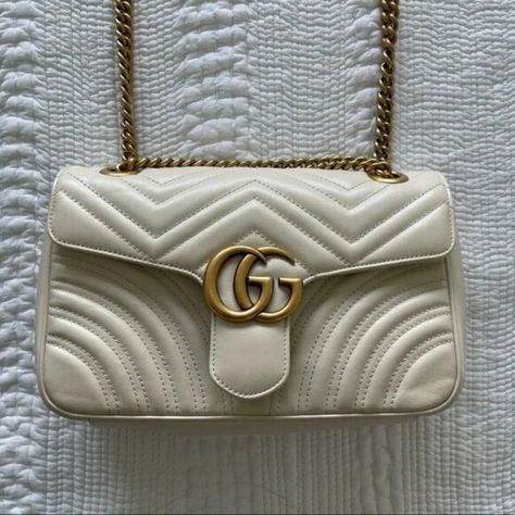 Gucci Small GG Marmont 2.0 Matelasse Leather Shoulder Bag Mystic White Gucci Gg Marmont, Gucci Models, Gg Marmont, Interior Color, Gucci Handbags, White Interior, Flap Bag, Colorful Interiors, Small Bags