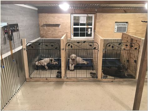 Looking for a place to keep your dog out of the rain and snow? Check out these lovely outdoor dog kennels! Dog Bedroom With Kennels, Garage Dog Pen Ideas, Diy Dog Pin Indoor, Dog Space In Garage Ideas, Indoor Outdoor Dog Kennel Garage, Dog Run Garage Ideas, Garage Dog Crate Ideas, Dog Kennel For 3 Dogs, Garage With Dog Kennel