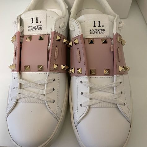 Never Been Worn Valentino Garavani Rockstud Untitled Sneaker In White Calfskin With Pink Stripe - Special Label With The Number 11 - Rubber Sole With Stud Details - Made In Italy See Pictures For More Details Valentino Rockstud Sneakers, Valentino Shoes Sneakers, The Number 11, Valentino Garavani Sneakers, Valentino Sneakers, Studded Sneakers, Leopard Sneakers, Valentino Garavani Shoes, Number 11