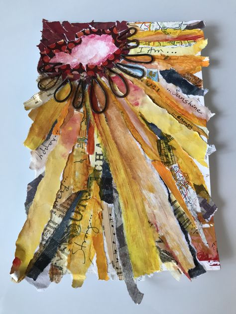 Textured Collage Art, Mixed Media Sunflower, Mixed Media Nature Art, Sunflower Mixed Media, Recycled Collage Art, Multi Media Art Ideas Collage, Mixed Media Fabric Art, Fall Collage Art, Collage Diy Ideas