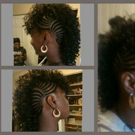 Mohawk Braided Curly Mohawk, Side Mohawk Braid, Mohawk With Braids Black Women, Side Cornrows With Twists, Mohawk Hairstyles For Black Women Braids, Mohawk Crochet Hairstyles, Braid Mohawk For Black Women, Braided Mohawk Hairstyles For Black Hair, Crochet Mohawk Hairstyle