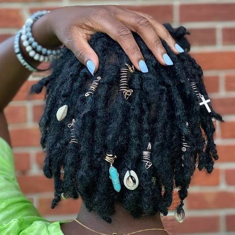 IG: @deelocbae #Regram via @www.instagram.com/p/CEKH3CbJbZQ/ Hair Loc Jewelry, Sister Locs Black Women Hairstyles, Loc Styles With Jewelry, Locs Accessories Dreadlock Beads, Lock Jewelry Dread, Locs With Jewelry Black Women, Beads On Short Locs, Locs Jewelry Accessories, Twist With Accessories