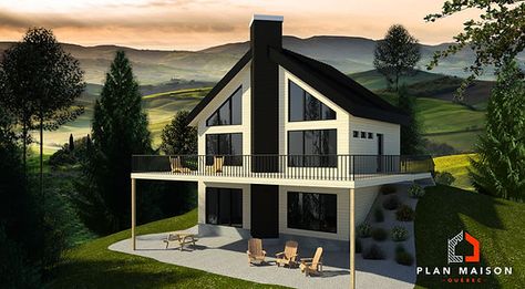 Wooden cottage with terrace | Plan Maison Québec House Without Garage, Plan Chalet, Modern Chalet, House With Balcony, Garden Levels, Wooden Cottage, Chalet Style, House Blend, Construction Plan