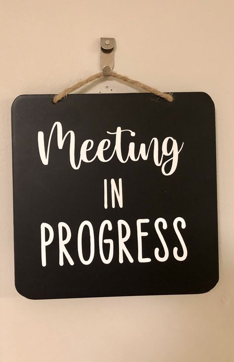 "This hanging 'Meeting in Progress\" and or \"Zoom Meeting in Progress\" sign is made from permanent adhesive vinyl and perfect for a home office door. This sign is perfect for folks working and teaching from home. Great to hang on a door while you are having a work call or for when your kids are doing a school video conference. No more walking in during a virtual meeting! This sign has white letters. Size: 6.6 x .2 x 6.6 **If you don't like the wording or coloring on this sign I can make a cust In A Meeting Sign Office, In A Meeting Door Sign, In A Meeting Sign, Meeting In Progress Sign, Meeting In Progress, Home Office Door, Home Office Doors, Office Door Signs, Virtual Meeting