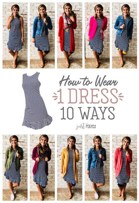 How to wear 1 striped navy dress 10 different ways! This navy striped dress can be worn and styled so many ways and for all the seasons! It is also a perfect piece for a capsule wardrobe! Navy Striped Dress Outfit, Wardrobe Hacks, Striped Dress Outfit, Navy Dress Outfits, Navy Striped Dress, Minimalist Moda, Wardrobe Building, Geek Chic Fashion, Styling Outfits