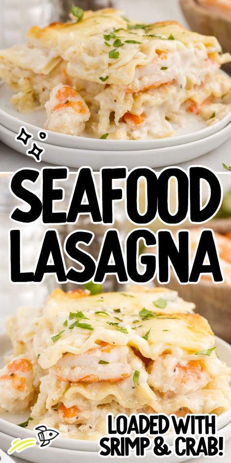 Seafood Lasagna Seafood Lasagna Recipes, Wine Cream Sauce, Seafood Casserole Recipes, White Wine Cream Sauce, Seafood Lasagna, Seafood Dish Recipes, Lasagna Noodles, Easy Seafood, Crab Recipes