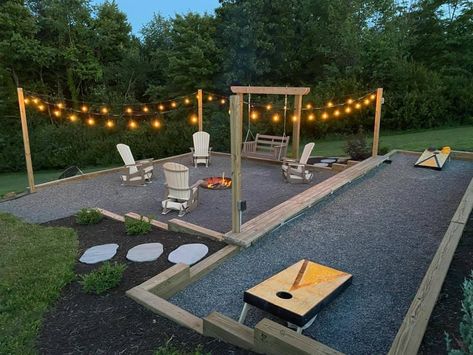 (10) Addicted to Cornhole | I do not have a level yard, so here is my solution for a cornhole playing area. | Facebook Cornhole Area, Swimming Pools Backyard Inground, Level Yard, Outdoor Yard Ideas, Outdoor Fire Pit Area, Diy Backyard Patio, Family Backyard, Fire Pit Landscaping, Backyard Swings