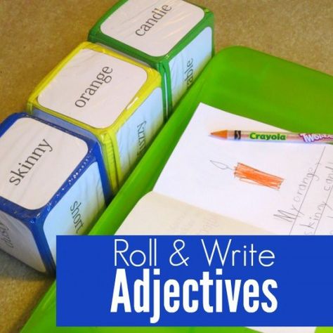 Roll and Write Adjectives Activity with Free Printable More Kindergarten Adjectives, Adjectives Activity, Adjectives Lesson, Teaching Adjectives, Roll And Write, Adjectives Activities, Homeschool Writing, Nouns And Adjectives, Nouns And Verbs