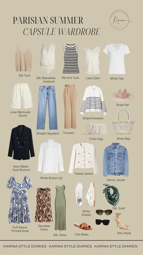 Sporty Feminine Style, France Capsule Wardrobe Summer, Spring Season Fashion, Italy In June Outfits, Europe Capsule Wardrobe, Parisian Capsule Wardrobe, Paris Summer Outfits, Parisian Style Summer, Paris Outfit Ideas