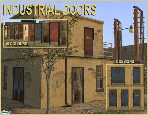 Cyclonesue's Industrial Strength Doors Window Mesh, Dark Windows, Industrial Door, Sims Ideas, Mesh Door, Fire Escape, Urban Industrial, Green Door, Sims4 Cc