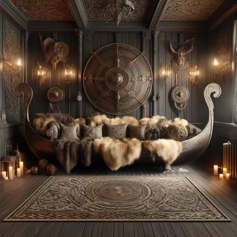 Norse Home Aesthetic, Viking Bed Frame, Viking Living Room, Winterfell Interior, Viking Bedroom Ideas, Viking Inspired Home, Viking Interior Design, Viking House Interiors, Viking Decor Interior Design