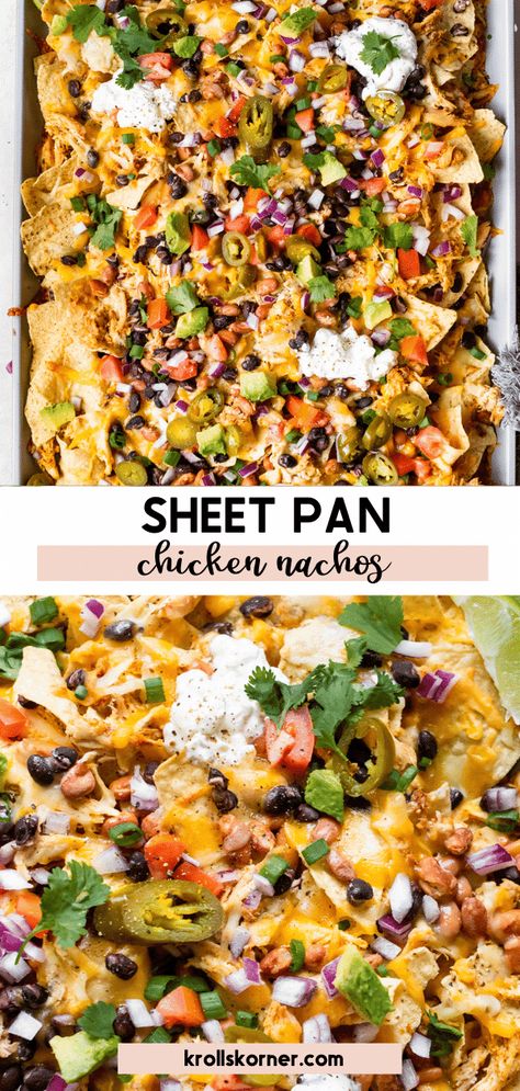 Sheet Pan Chicken Nachos • Kroll's Korner Chicken Tortilla Sheet Pan, Sheet Pan Chicken Nachos Recipe, Sheet Pan Nachos Chicken, Chicken Nachos Sheet Pan, Chicken Sheet Pan Nachos, Mexican Churros, Rotisserie Chicken Tacos, Sheet Pan Nachos, Pan Nachos