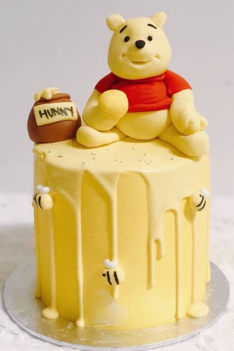 Yellow Drip Winnie The Pooh Cake Winnie The Pooh Figurines, Pooh Cake, Winnie The Pooh Cake, Character Cakes, Yellow Cake, Cool Birthday Cakes, Baby Shower Planning, Cake Designs Birthday, Honey Pot