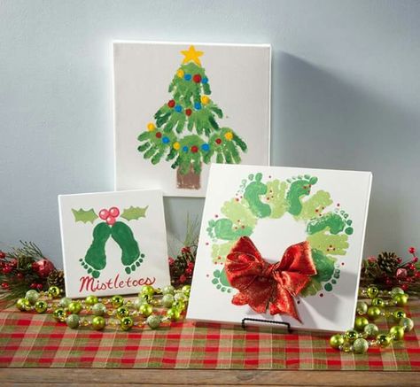 Baby Feet And Hand Print Ideas Christmas, Christmas Hand Or Foot Print Crafts, Toddler Canvas Painting Ideas Christmas, Diy Christmas Paintings On Canvas Kid Hand Prints, Hand And Foot Print Art Christmas, Kids Hand Print Art, Kids Christmas Painting, Hand Print Christmas, Baby Christmas Crafts