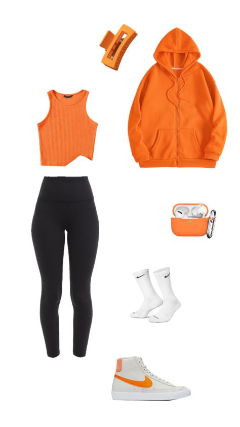 Orange Sport Outfit, Orange Athletic Outfit, Orange Gym Outfit, Orange Crewneck Outfit, Orange Sweatpants Outfit, Orange Workout Outfit, Orange Leggings Outfit, Sporty Outfits Aesthetic, Baddie Workout