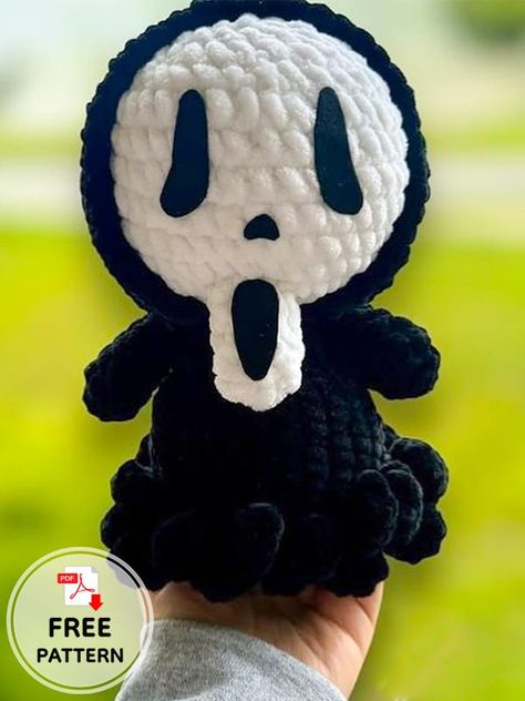 Ghost Face Crochet Doll Amigurumi Free PDF Pattern Ghostface Scream Crochet Pattern Free, Crochet Ghost Face Pattern, Bee Amigurumi Pattern, Crochet Ghost Face Pattern Free, Creepy Crochet Doll, Scream Crochet Pattern Free, Crochet Amigurumi Doll Body Free Pattern, Crochet Scream Doll Free Pattern, Small Ghost Crochet Pattern Free