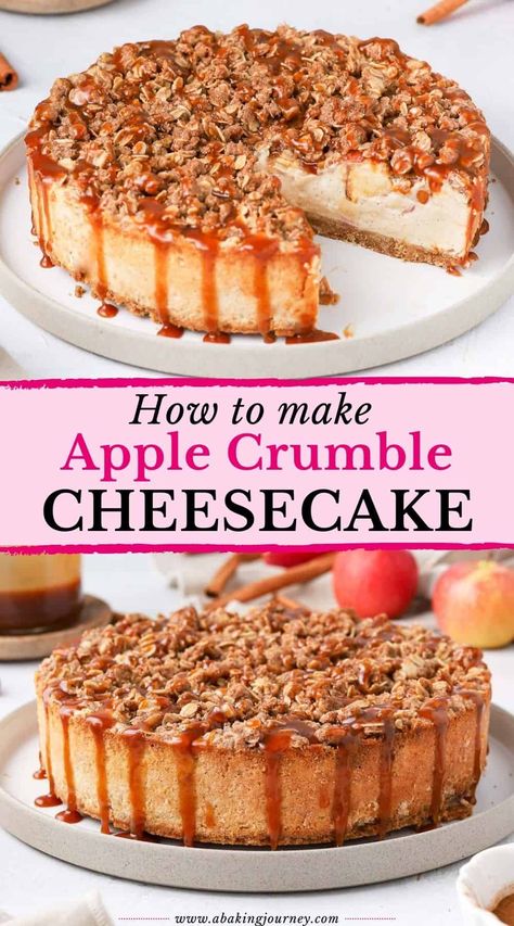 Apple Cinnamon Cheesecake, Apple Cheesecake Recipes, Apple Crumble Cheesecake, Caramel Apple Crumble, Crumble Cheesecake, Easy Apple Crumble, Oat Crumble Topping, Apple Crisp Cheesecake, Biscuit Crust