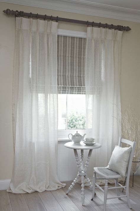 Our voile curtains and blinds look beautiful on their own but they can of course be paired with a heavier set of curtains and blinds. A fine option if you want a classic style with flexible light control. Sheer Curtains Bedroom, Modern Blinds, Living Room Blinds, Bedroom Blinds, Diy Blinds, Blinds Design, House Blinds, Decor Ikea, Kitchen Blinds