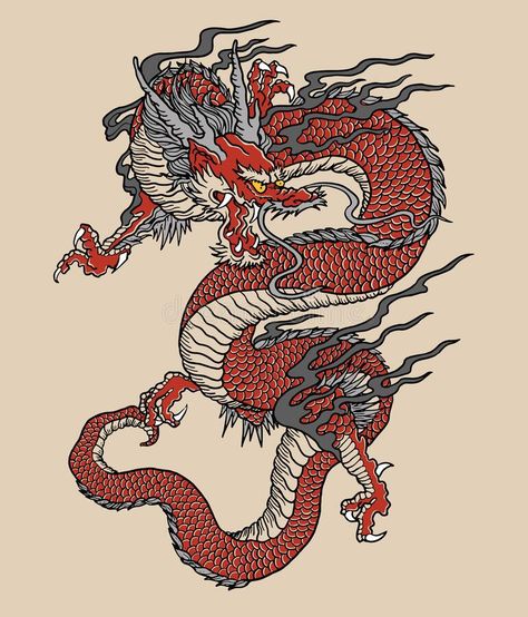 Japanese Red Dragon Tattoo Illustration. Full color vector art. stock illustration Dragon Tattoo Vector, Asian Dragon Tattoo, Red Dragon Tattoo, Dragon Rouge, Japanese Dragon Tattoo, Japanese Dragon Tattoos, Asian Tattoos, Dragon Illustration, Japanese Illustration