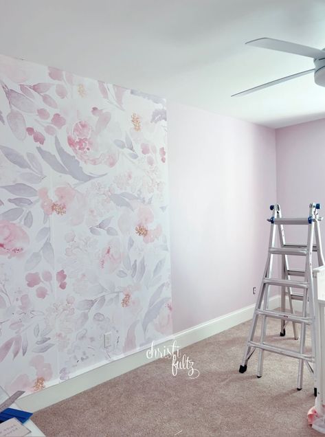 Toddler Girls Room Wallpaper, Pink Purple Nursery, Girls Room With Wallpaper Accent Wall, Toddler Girl Wallpaper Bedroom, Teen Girl Room Wallpaper, Purple Floral Wallpaper Bedroom, Girl Wallpaper Room, Toddler Girl Bedroom Wallpaper, Lavender Toddler Room