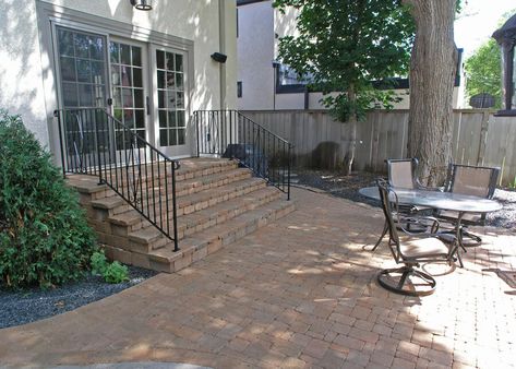 Covered Patio With Steps Down From House, Steps Leading To Patio, Stairs Leading To Patio, Steps To Patio Back Door, Steps Down To Patio From House, Steps From House To Patio, Concrete Patio Ideas With Steps, Steps Down To Patio, Raised Patio Ideas With Steps