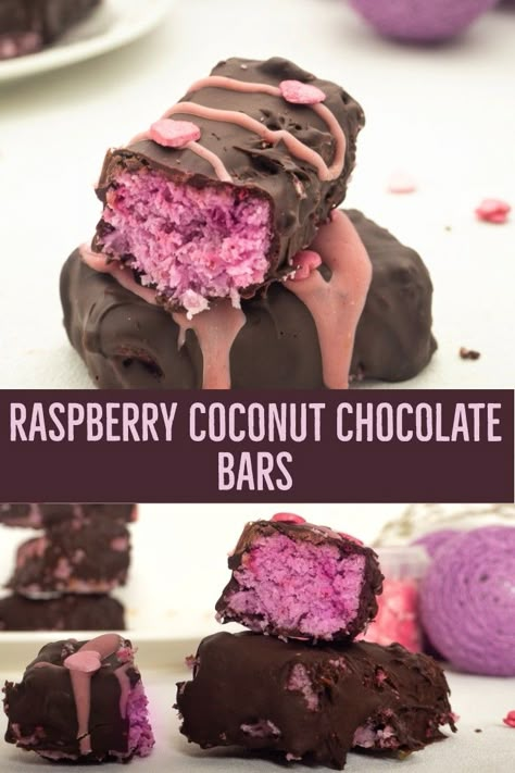 No-bake glutenfree and vegan raspberry coconut chocolate bars, easy recipe and an absolutely delicious filling snack. Perfect treat for Valentines Day. Raspberry Coconut Chocolate Bars, Vegan Raspberry Dessert, Raspberry Coconut Bars Recipe, Raspberry Coconut Bars, Easy Valentines Day Treats, Coconut Chocolate Bars, Coffee Bakery, Raspberry Desserts, Texture Contrast