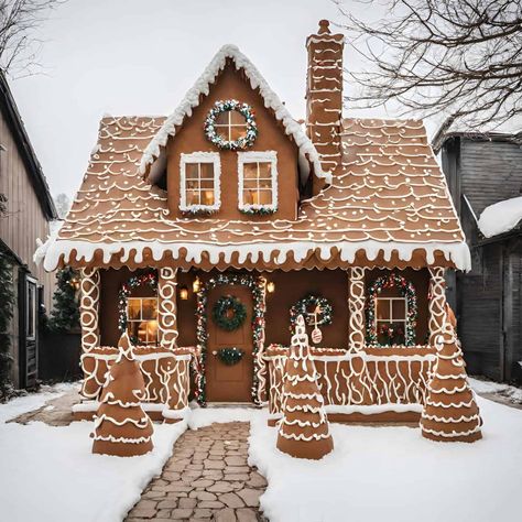 Cottage Gingerbread House Ideas, Real Life Gingerbread House Ideas, Gingerbread Real House, Real Gingerbread House Home, Gingerbread House With Porch, How To Make My House Look Like A Gingerbread House, Gingerbread House Home Decorations, Gingerbreadhouse Christmas Decor, Exterior Christmas Decor Gingerbread House