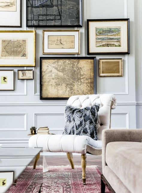 Rue Magazine | Interior Design-Tonya Olsen-Photography-Lindsay Salazar - fabulous art gallery wall in a family room, den or home office with a slipper chair and an oriental rug. Love the panel moulding and the pale gray walls Gray Walls, Gallery Wall Inspiration, Panel Moulding, Wall Molding, Inspiration Wall, A Living Room, Art Gallery Wall, Slipper Chair, Interior Inspiration