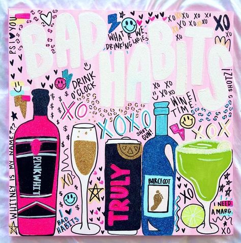 Bad Habits Painting, Fun Crafts For College Students, Xoxo Painting, College Canvas Art, Dorm Paintings, Fun Paintings, College Canvas, College Crafts, Clay Patterns