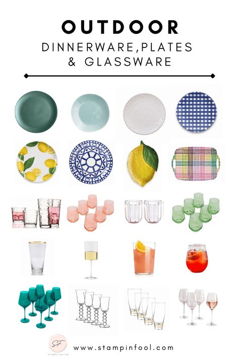 A colorful array of summer outdoor plates, cups and serving platters for your outdoor dining table. Melamine Plates Dinnerware, Colorful Wine Glasses, Outdoor Dishes, Outdoor Glassware, Outdoor Plates, Picnic Plates, Plates And Cups, Outdoor Drinkware, Bohemian Outdoor