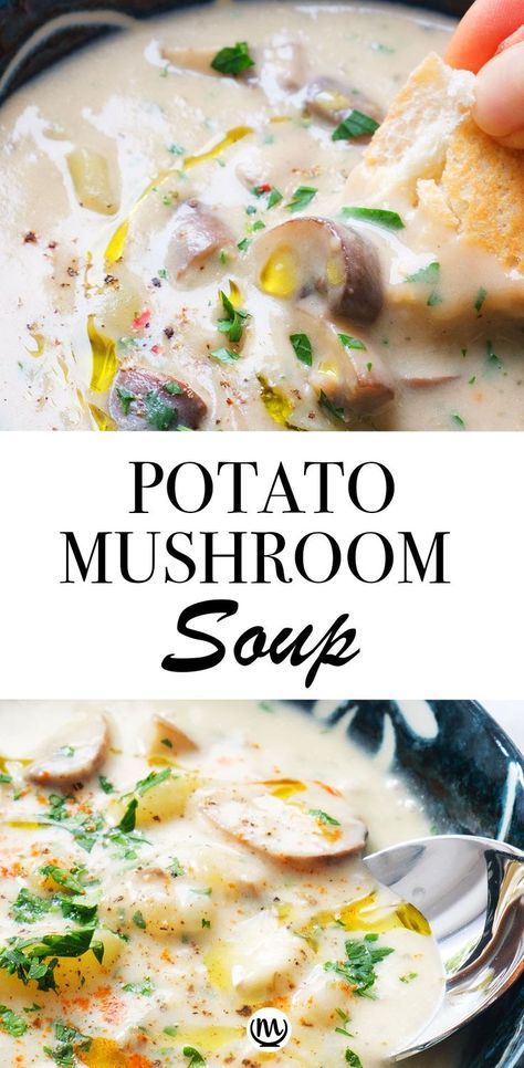 Close-up of creamy potato mushroom soup. Potato Mushroom Soup, Potato Mushroom Recipe, Mushroom Potato Soup, Potato Mushroom, Creamy Mushroom Soup, Mushroom Dish, Mushroom Soup Recipes, Fall Soup Recipes, Best Soup Recipes