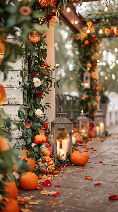 40+ Fall Wedding Ideas That Will Inspire You (Cake, Aisle, Table, Ceremony Decor, And More!) Outside Fall Wedding Decorations, Fall Wedding Walkway Aisle Decorations, Boho Fall Wedding Tablescapes, Boho Fall Wedding Reception, Fall Wedding Arch Decorations, Outside Fall Wedding Ceremony, Simple Fall Wedding Reception Ideas, Samhain Wedding Ideas, Cottage Theme Wedding