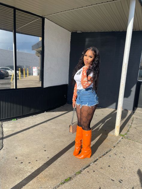 Orange Thigh High Boots Outfit, Ankle Shark Boots Outfit, Orange Bodysuit Outfit Black Women, Black Shark Boots Outfit, Outfits With Shark Boots, Shark Boots Outfit Ideas, Orange Fall Outfits Black Women, Shorts With Tights Outfit Black Women, Orange Boots Outfit