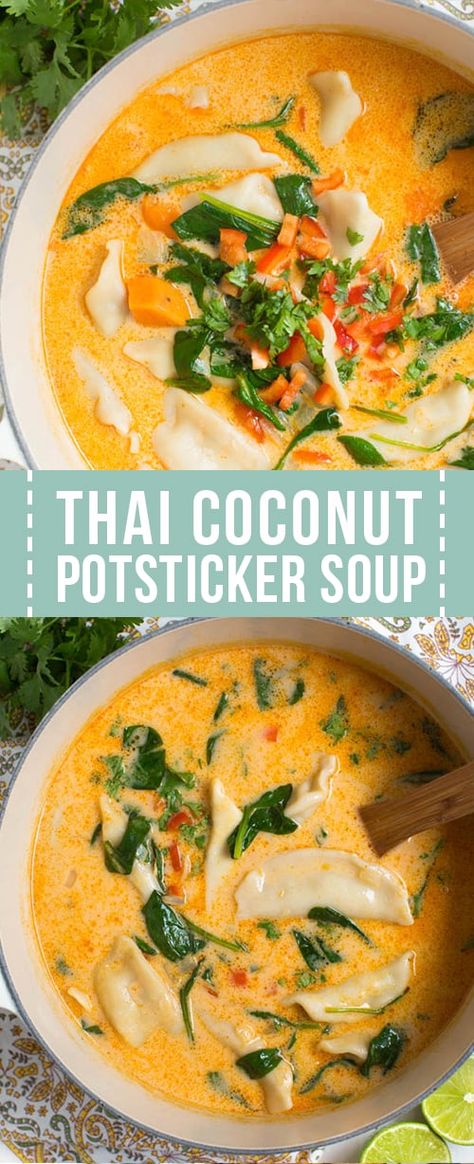 Pot Sticker Soup, Potsticker Soup, Hearty Winter Recipes, Thai Coconut Curry, Easy Dumplings, Pot Sticker, Thai Coconut Soup, Coconut Curry Soup, Dumplings For Soup