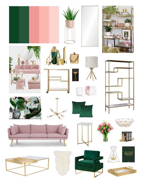 Emerald green & blush pink color scheme with hints of gold and white. Green Living Room Mood Board, Pink Green Living Room, Living Room Mood Board, Room Mood Board, Green Living Room, Deco Rose, Pink Living Room, Salon Interior Design, Bilik Tidur