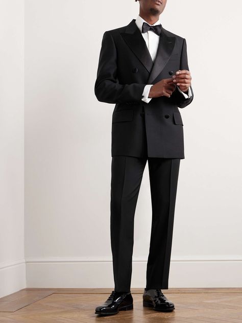 TOM FORD Double-Breasted Satin-Trimmed Wool and Silk-Blend Tuxedo Jacket for Men Men’s Tux 2024, Black Man Wedding Suit, Classic Tuxedo For Men, Wedding Suit Bow Tie, Black Tie Mens Attire, Mens Black Tie Attire, Classic Groom Attire, Black Tie Men, Engagement Photos Classy